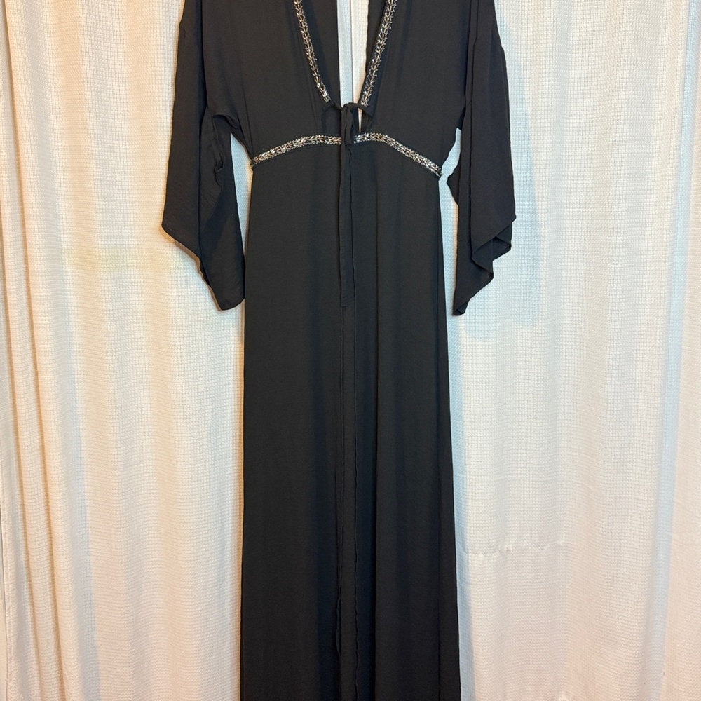 Beaded Black Maxi Dress Deep V Open Back Ethereal Chiffon Flowy Sleeve Goddess